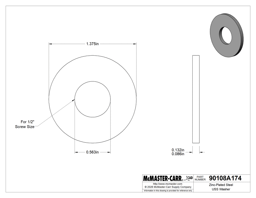 Technical Drawing of Zinc-Plated Steel USS Washer, for 1/2" Size SAE Grade 5 Screw, 0.563" ID, 1.375" OD.